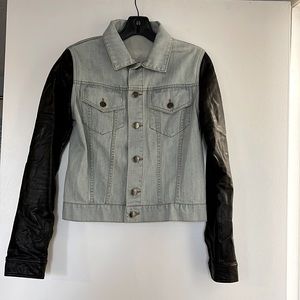 Alexander Wang Blue & Black Denim Jeans jacket with soft leather sleeves.
